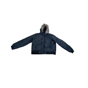 Y2K GAP Black‎ Puffer Bomber Jacket Fur Hood Zip Front Quilted Winter Size XL